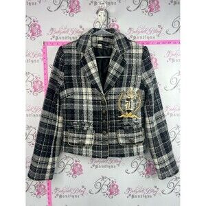 Coco & Tashi  blazer Black & White Plaid Cropped Blazer with Gold Crest Detail